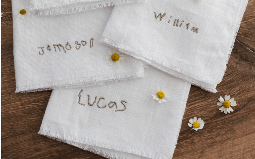custom embroidered linen napkins with kids handwriting makes a great gift for mom from Madly Wish