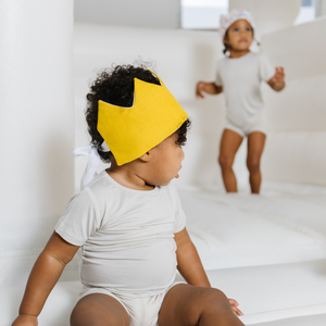 baby wearing linen crown he can wear forever