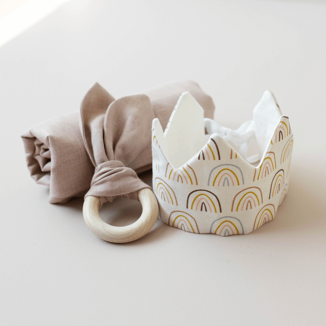 linen rainbow tiara and baby toys for 1st birthday gifts